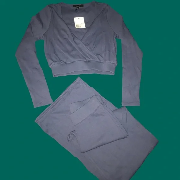 Dusty Blue Top and Wide Leg Ribbed Stretchy Lounge Pants Matching 2 Piece Set - Picture 1 of 3